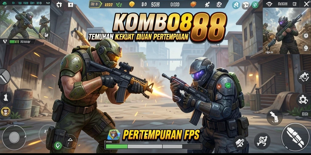Screenshot gameplay KOMBO88 dengan aksi tembak-menembak yang intens.