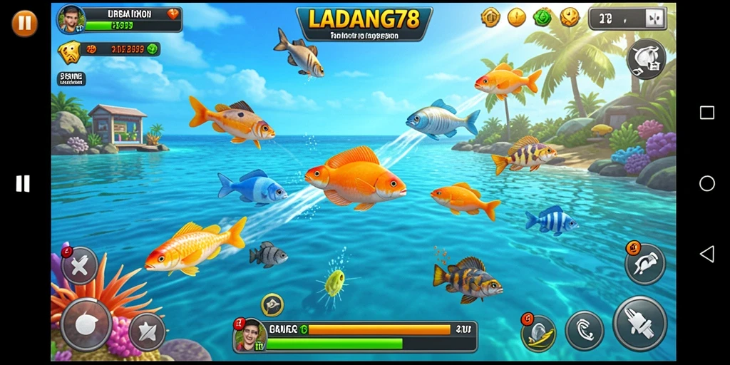 Tampilan gameplay seru dalam LADANG78 saat menembak ikan.