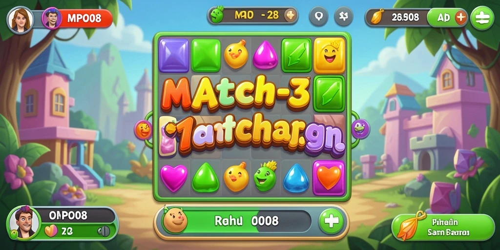 Screenshot MPO08 menampilkan gameplay seru permainan Match-3.