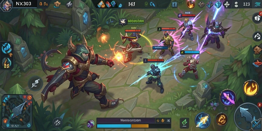 Tampilan gameplay seru dari NX303 yang menampilkan pertarungan MOBA.