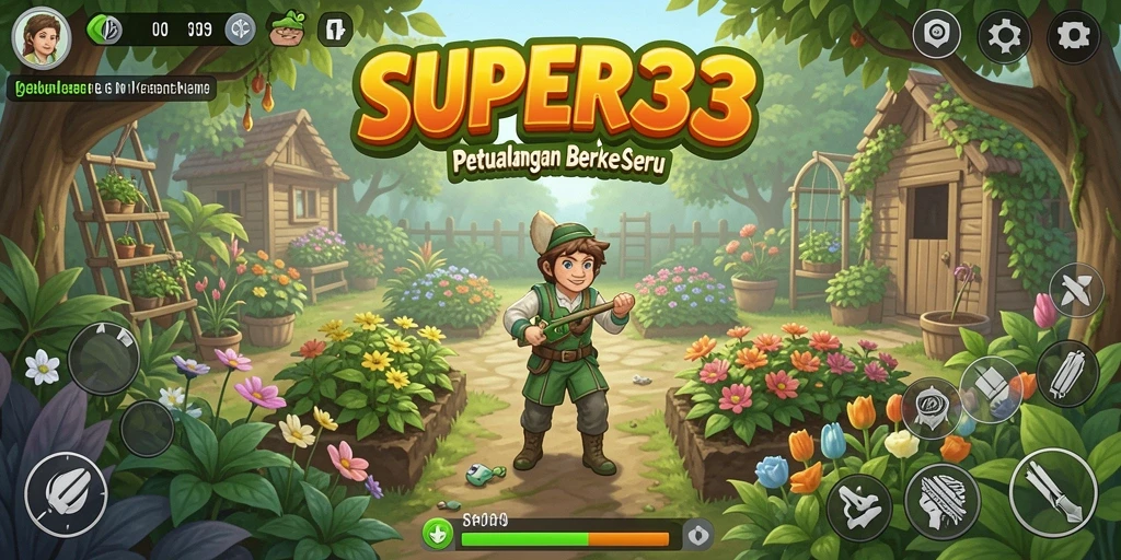 Screenshot gameplay <strong>SUPER33</strong> menampilkan kebun yang subur dan penuh warna.